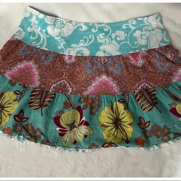 Rampage Boho Patchwork Mini Skirt Floral Paisley Tiered Ruffle Hem Size 6 - Picture 4 of 10